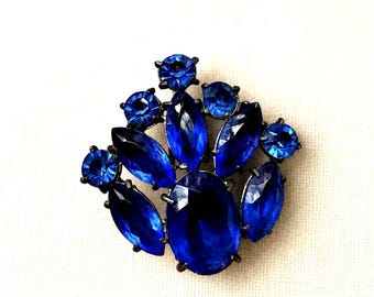 Dress Clip -Cobalt Blue Glass Open Back Rhinestones  -  1940’s  Vintage Statement Jewelry