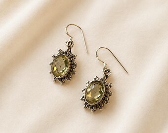 Sterling Silver Golden Quartz Dangle Earrings – Oval Faceted Honey Tone Drop