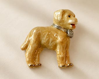 Puppy Brooch, Rhinestone Bow Gold-Tone Dog Pin - Vintage Pearlized Enamel