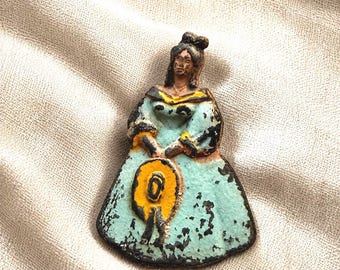 Antique Austrian Lady Brooch - Cold Painted Figural Pin - WIEN - c.1900