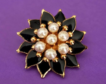 Vintage Black Enamel Flower Brooch Faux Pearl Gold Tone Layered Floral Pin 1960s Costume Jewelry