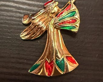 Angel Brooch -  Enamel Red Green Gold Tone-  1980s vintage