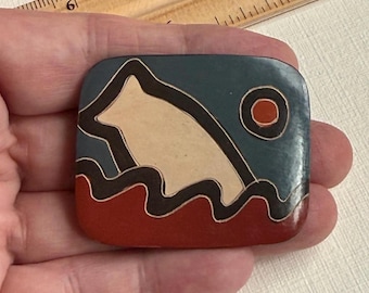 Vintage Studio Pottery Ceramic Brooch, Abstract Animal Moon Pin, Teal Rust Wearable Art Jewelry
