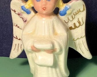 Vintage humble Ceramic Angel folk art Figurine,Blonde BlueEyed Angel, Gold Accents, Visible Repair,Chip,Mid-Century, good vibes, love tested