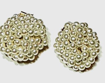 Vintage Pearl Cluster Clip Earrings, Ivory Beaded Button, Mid Century Bridal Jewelry (3/4 Inch)