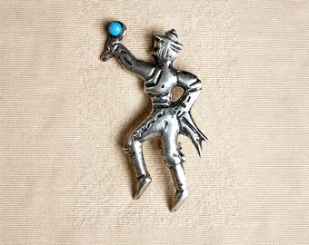 Vintage Mexican Sterling Silver Dancer Brooch Blue Accent Figural Folk Art Pin