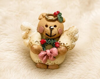 Vintage Teddy Bear Angel Brooch – 1990s Resin Christmas Pin
