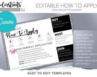 May include: A Canva template for Colorstreet nail polish strips. The template includes instructions on how to apply the strips, as well as information on how to buy, host, and join the Colorstreet business opportunity. The template is easy to edit and includes unlimited access, edits, and saves.  #Colorstreet #NailPolish #CanvaTemplate