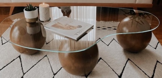 Glass Coffee Table Solid Wood Ball Feet Wood Ball Marble Coffee