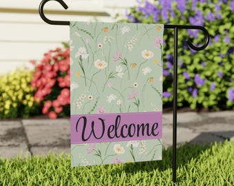 Aangepaste welkomsttuinvlag – gepersonaliseerde achternaam bloemenvlag, lente buitendecor, tuinbord voor veranda, monogram tuinbanner