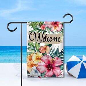 Welcome Hibiscus Flower Sign, Spring Garden Flag, Summer Garden Flag, Porch Decor,Entry Flag,Tropical Summer wall decor, Floral Welcome Flag