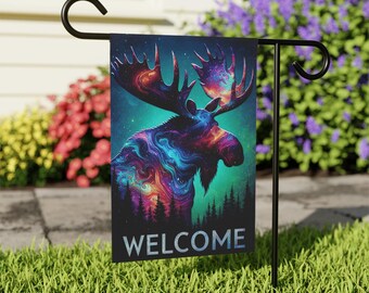 Moose welcome sign,Cosmic Moose Welcome Flag, Custom Northern Lights Yard Flag, Unique Outdoor Decor, Montana yard flag, Wilderness flag