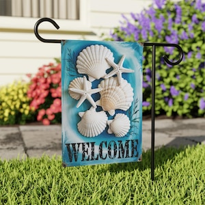 Beach House Welcome Garden Flag, Coastal Seashell Outdoor Decor, Nautical Yard Flag, Zomerverandavlag, Huisvlag oceaanthema