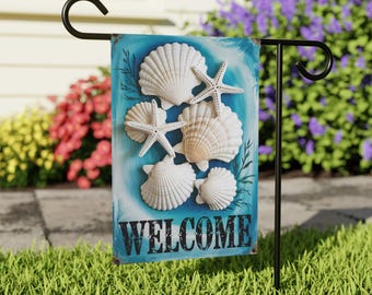 Beach House Welcome Garden Flag, Coastal Seashell Outdoor Decor, Nautical Yard Flag, Summer Porch Flag, Ocean-Themed House Flag