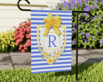 Personalized Spring Garden Flag with Monogram,Custom Floral Outdoor Yard Flag,Blue Stripes & Yellow Bow Porch Decor,Personalized porch decor