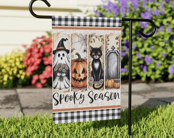 Spooky Season Halloween Garden Flag,Cute Ghost Cat Pumpkin Graveyard Fall Porch Decor, 12x18 Outdoor House Flag, Plaid Halloween flag