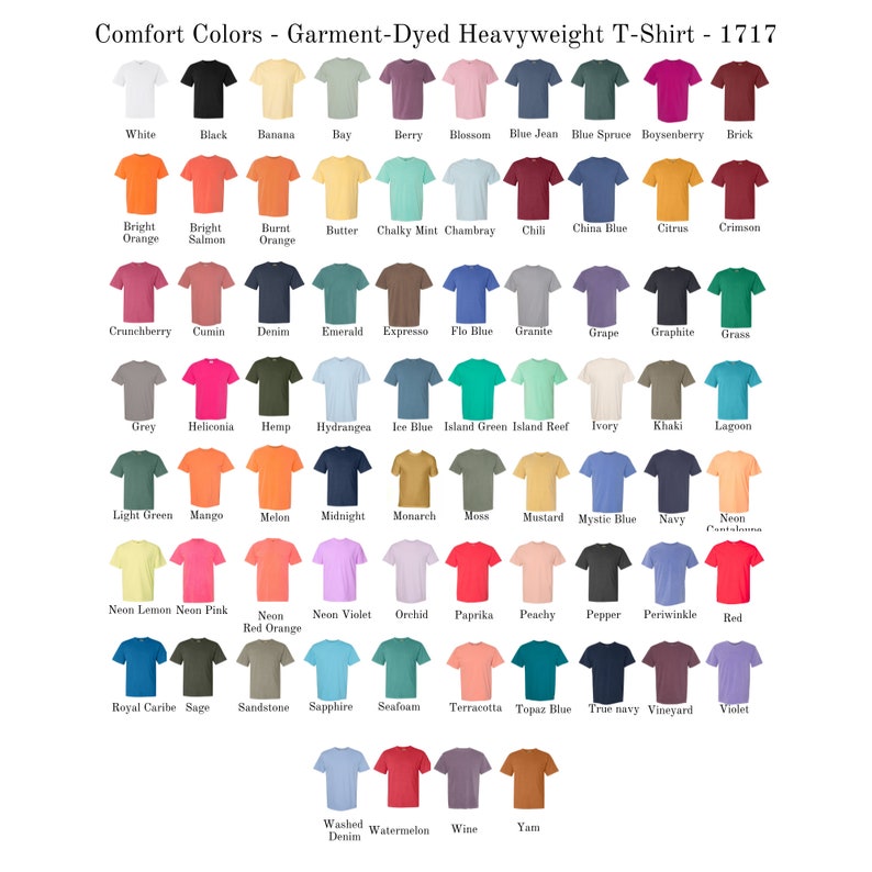 Editable Comfort Colors 1717 Color Chart and Size Chart, Comfort Colors 1717 Size Chart, Files ...