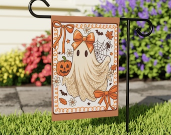 Girly Ghost Halloween Garden Flag, Cute Bow Ghost Fall Yard Decor,Orange Lace Spooky House Flag for Porch or Lawn, Halloween porch decor