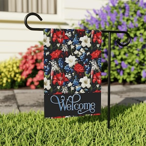 Welcome Red white and blue flowers yard flag, Patriotic Floral Flag, 4th of July Flower flag,Red White Blue Welcome Flag,Custom Yard Decor