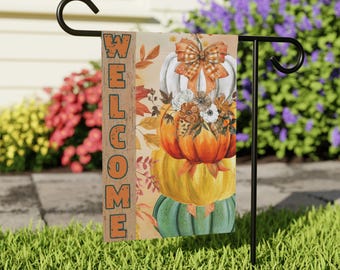 Welcome Pumpkin flag, Fall Garden Flag,Stacked Pumpkin Welcome Garden Flag,Fall Porch Decor, Autumn Yard Flag with Colorful Pumpkins and Bow