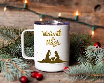 Nativity Christmas Mug | Thermal Mug | Travel Mug with Handle | Insulated Coffee Mug | Coffee Cup with Lid | Co-Worker Christmas Gift
