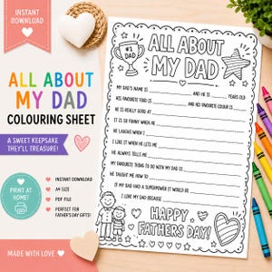 Puede incluir: Una hoja para colorear imprimible con el texto "All About My Dad" y "Happy Fathers Day!". Contiene preguntas para completar. Incluye ilustraciones de trofeo, estrella y corazón. Ideal para el Día del Padre.