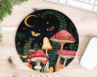 Trippy Mushroom Round Mouse Pad, Black Cute Moon Aesthetic Mousepads Non-Slip Rubber Base Small Desk Decor Office Accessories Gift 8inch