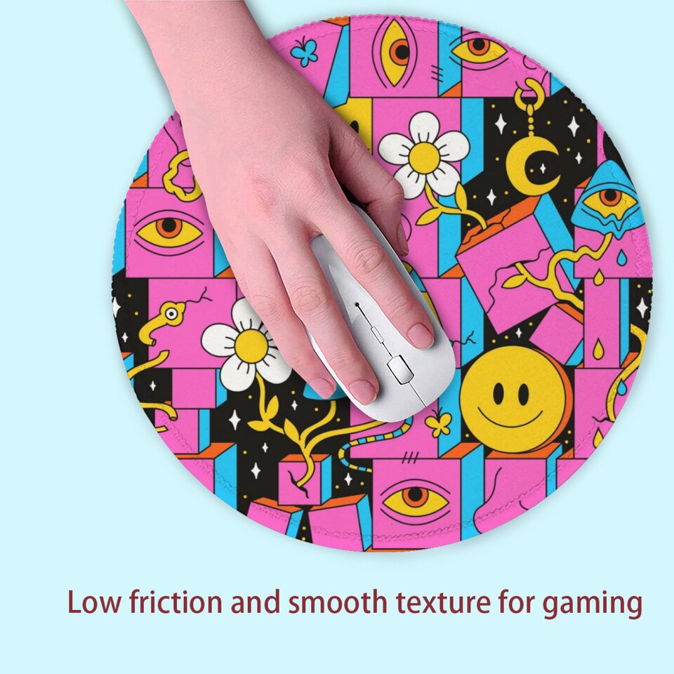 Pink Trippy Smiley Face Gaming Mouse Pad, Magic Mushroom Moon Desk Mat