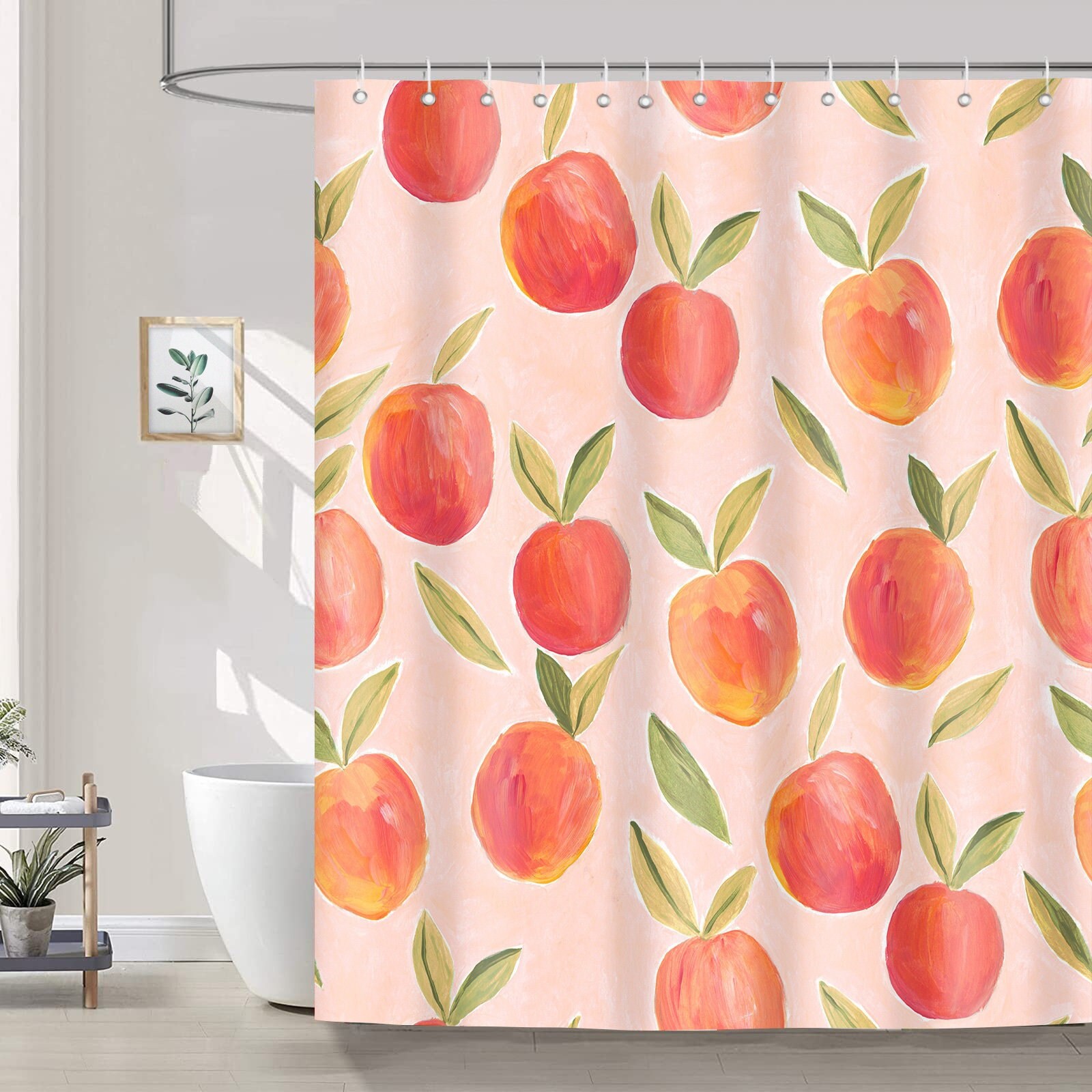 Pink Peach Shower Curtain Cute Watercolor Fruit Decorative Etsy