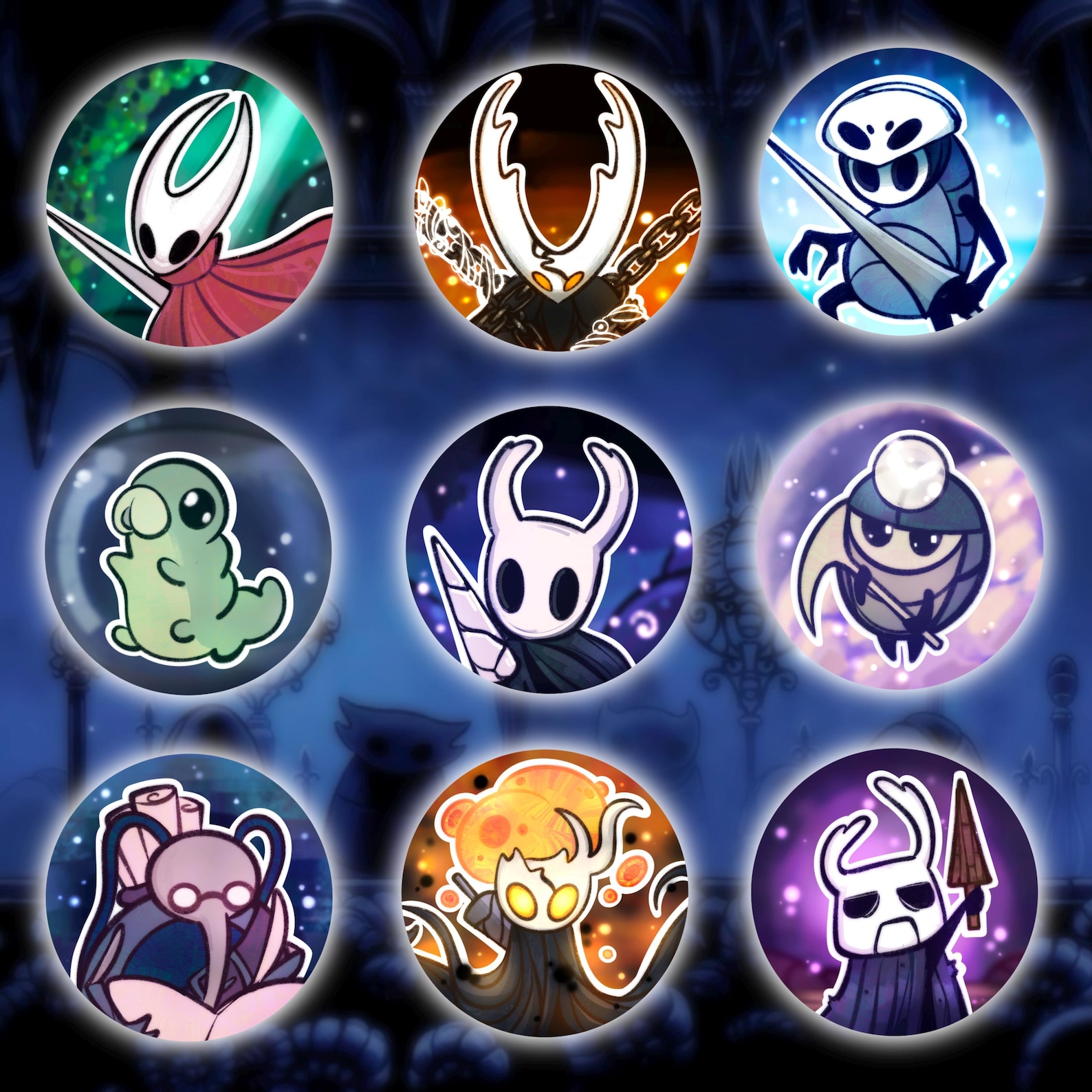 HOLLOW KNIGHT BUTTONS - (Knight, Hornet, Hollow Knight, Quirrel, Zote, Myla, Broken Vessel, Grub, Cornifer)