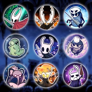 May include: Nine circular pin badges featuring character designs from a video game. The designs include a white character with a red cape, a character with a sword, and a green caterpillar-like creature. The badges have a glossy finish.