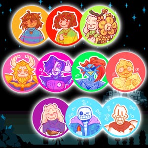 May include: A selection of circular character portraits from the video game Undertale. Each portrait features a different character, set against a colourful background. The characters include Frisk, Chara, Asriel, Flowey, Asgore, Mettaton, Undyne, Alphys, Toriel, Sans, and Papyrus.