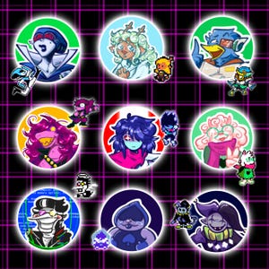 DELTARUNE PINBACK BUTTONS - (Kris, Susie, Noelle, Ralsei, Spamton, Jevil, Lancer, Queen, Berdly)