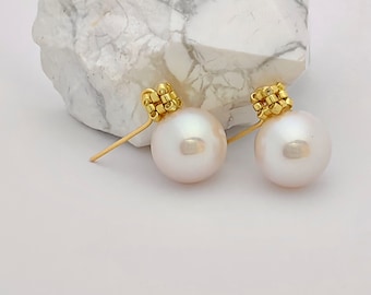 Elegant 12-13mm Cultured Pearl with Gold Color Muyiki Seed Bead Gold Stud Earrings