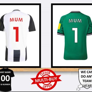 May include: Two football shirts with the word "MUM" and the number "1" on the back. The shirt on the left is black and white striped, while the shirt on the right is green.