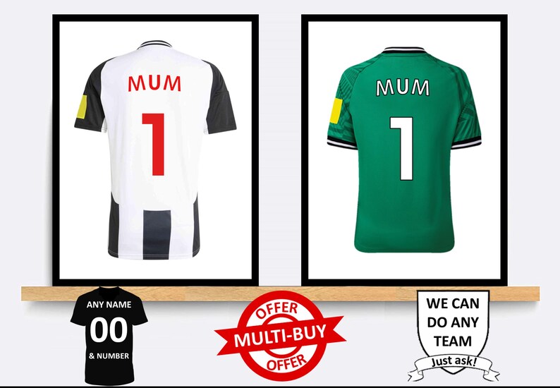 May include: Two football shirts with the word "MUM" and the number "1" on the back. The shirt on the left is black and white striped, while the shirt on the right is green.