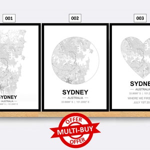 Sydney, Australië, stratenplan, stadskaart, muurkunstposter, zwart-wit