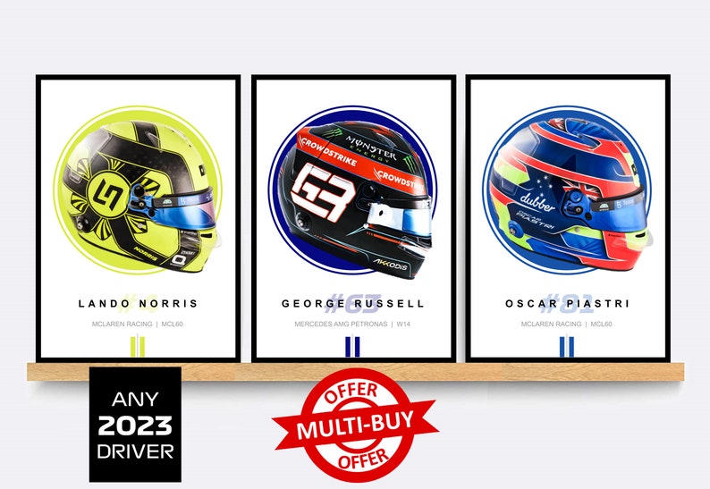 Puede incluir: Tres p&oacute;sters de pilotos de F&oacute;rmula 1 con los cascos de Lando Norris, George Russell y Oscar Piastri. Cada p&oacute;ster tiene el nombre del piloto, el n&uacute;mero de coche y el nombre del equipo.