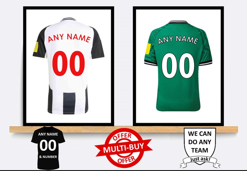 May include: Two customisable football shirts, one black and white with red lettering, the other green with white lettering. Both shirts have a yellow patch on the shoulder and say "ANY NAME" and "00".