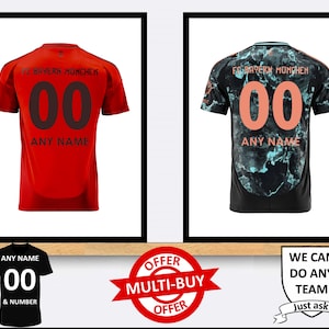 May include: Two football shirts with the text "FC Bayern Munchen" and "00" on the back. The shirt on the left is red with black numbers and the shirt on the right is black with a blue and green marble pattern and orange numbers.