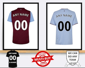 Personalised Aston Villa Football Shirt Print Wall Art Poster Custom Home Decor Gift Idea Any Name Number Prints