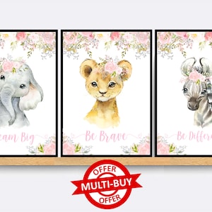 Safari Animal Print Wall Art Poster Bebé Guardería Dormitorio Regalo Niños Carteles Jungle Safari Animales de Granja Conjunto de 3 Safari Impresiones Floral Rosa