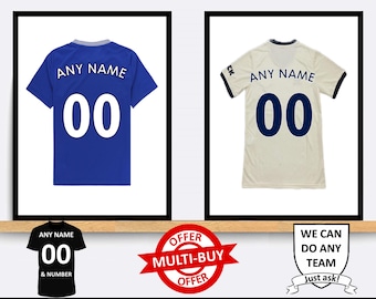 May include: Two framed images of customizable soccer jerseys. The jersey on the left is blue with white lettering. The jersey on the right is white with blue lettering. Both jerseys have the text "ANY NAME" and "00" printed on them.