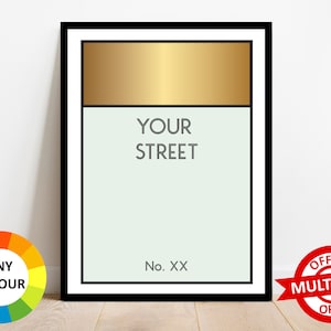 Personalised Monopoly Print Wall Art Poster Custom Property Home Decor Gift Idea Any Street Name Number Board Game Prints Other Color- eg Gold