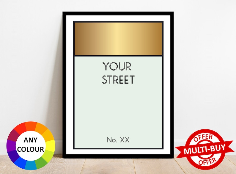 Personalised Monopoly Print Wall Art Poster Custom Property Home Decor Gift Idea Any Street Name Number Board Game Prints Other Color- eg Gold