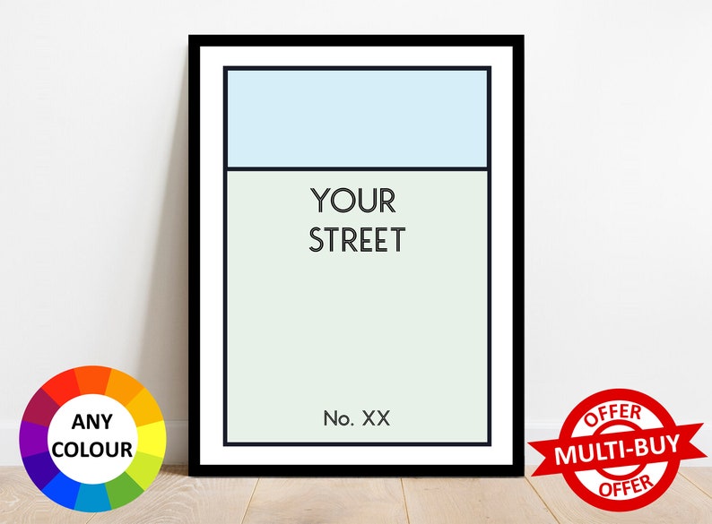 Personalised Monopoly Print Wall Art Poster Custom Property Home Decor Gift Idea Any Street Name Number Board Game Prints Sky Blue (Euston Rd)