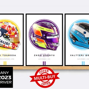Puede incluir: Tres p&oacute;sters de cascos de pilotos de F&oacute;rmula 1 con una oferta de compra m&uacute;ltiple. Los p&oacute;sters muestran los cascos de Yuki Tsunoda, Zhou Guanyu y Valtteri Bottas. Los cascos se representan en un c&iacute;rculo con el nombre del piloto y el equipo debajo.