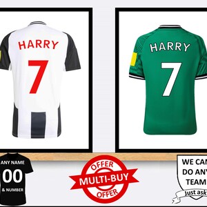 May include: Two framed images of football shirts with the name "HARRY" and the number "7" on the back. The shirts are black and white striped and green. The images are on a wooden shelf with a sign that says "OFFER MULTI-BUY OFFER" and another sign that says "WE CAN DO ANY TEAM Just ask!"