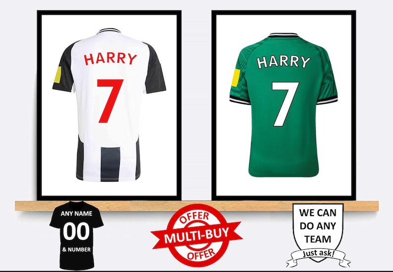 May include: Two framed images of football shirts with the name "HARRY" and the number "7" on the back. The shirts are black and white striped and green. The images are on a wooden shelf with a sign that says "OFFER MULTI-BUY OFFER" and another sign that says "WE CAN DO ANY TEAM Just ask!"