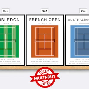 Tennis Court Print Poster Wall Art Minimalist Tennis Prints Tennis Gift Set of 4 Prints Tennis Grand Slam Gift Idea